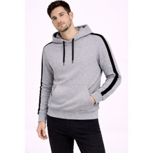 Giyim Center Erkek Şeritli Kapüşonlu Sweatshirt Oversize 3 Iplik Pamuklu - Gri