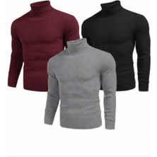 Giyim Center 3'lü Siyah, Bordo, Gri Unisex Kaşkorse Boğazlı Full Likralı Fitilli Body Kazak