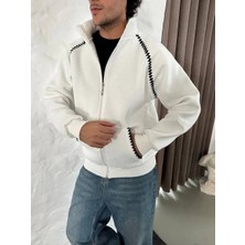 Giyim Center Erkek Oversize Dik Yaka Fermuarlı Sweatshirt - Zincir Nakışli Kanguru Cepli - Beyaz