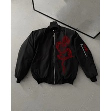 Giyim Center Erkek Unisex Siyah Bomber Mont - Kırmızı Ejderha Desenli, Fermuarlı Cepli, Kapitone Astarlı Günlük ve Sokak Modası Ceket - Siyah