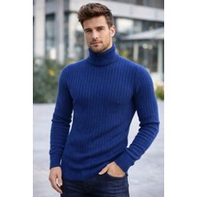 Giyim Center Erkek Balıkcı Yaka Bağazlı Triko Kazak Pamuklu Kalın Fitilli Dokuma, Regular Fit Uzun Kollu Kışlık Model - Indigo