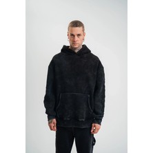Giyim Center Unisex Uzun Kol Kapşonlu Yıkamalı Nakışlı Sweatshirt - Siyah