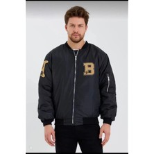 Giyim Center Erkek Siyah Bomber Kolej Mont - B Harfi ve Kemik Baskılı, Su Itici Kumaş, Kapitone Astarlı Fermuarlı Ceket - Siyah