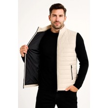 Giyim Center Erkek Şişme Fermuarlı Yelek Su Itici Kapitone Astarlı Kumaş Cepli Hafif Kışlık Spor Rahat Kalıp -Bej