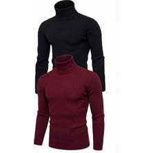 Giyim Center 2'li Siyah Bordo Unisex Kaşkorse Boğazlı Full Likralı Fitilli Body Kazak
