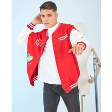 Giyim Center Erkek Kolları Yıldız Sırt Baskılı Oversize Kolej Ceket - Kırmızı