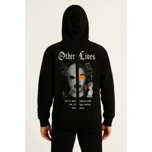 Giyim Center Erkek Kapşonlu Sweatshirt - Oversize Üç Iplik Şardonlu Hoodie, 'other Lives' Ön & Arka Baskılı, Kanguru Cepli, Kışlık Rahat Günlük Stil - Siyah