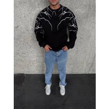 Giyim Center Yıldırım Baskılı Bisiklet Yaka Sweatshirt - Siyah