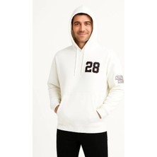 Giyim Center Erkek Kapşonlu Sweatshirt - Üç Iplik Şardonlu Kumaş, Oversize Fit, Ön & Arka Baskılı, Kanguru Cepli, Kışlık Rahat Hoodie - Beyaz