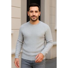 Giyim Center Erkek Bisiklet Yuvarlak Yaka Triko Kazak Pamuklu Kalın Fitilli Dokuma, Regular Fit Uzun Kollu Kışlık Model - Gri