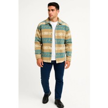 Giyim Center Erkek Desenli Polar Gömlek - Etnik Şerit Desen Yakalı, Uzun Kollu, Düğmeli, Oversize Rahat Kalıp - Sarı