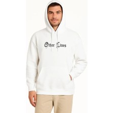 Giyim Center Erkek Kapşonlu Sweatshirt - Oversize Üç Iplik Şardonlu Hoodie, 'other Lives' Ön & Arka Baskılı, Kanguru Cepli, Kışlık Rahat Günlük Stil - Beyaz