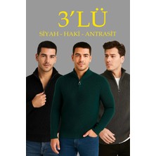 Giyim Center Erkek Fitilli Triko Kazak 3 Lü Set - Haki, Siyah, Antrasit Kalın Dokuma Pamuklu Regular Fit V Yaka Fermuarlı Uzun Kollu Rahat Kışlık Kazak Kombini