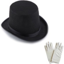 Fredeom Store Siyah Sihirbaz Fötr Şapka 15 cm - 1 Çift Beyaz Sihirbaz Eldiveni - Yetişkin Boy