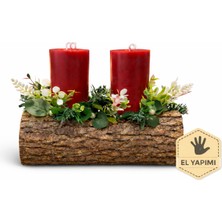 Larina Hediyelik El Yapımı Doğal Ahşap Mumluk – Kırmızı Silindir Mumlu Rustik Masa Dekoru (Hediyelik)