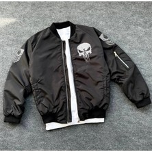 Giyim Center Siyah Askeri Tarz Bomber Mont - Unisex, Punisher Skull Detaylı, Fermuarlı, Cepli, Uzun Kollu, Bahar ve Kış Günlük Moda Için Uygun - Siyah