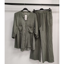 Della Moor Millitary Kadın Italyan Hakim Yaka Gömlekli Düz Keten Takım