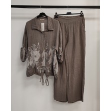 Della Moor Kadın Vizon Italyan Çiçek Desenli Oversize Keten Alt Üst Takım 40 - 44 Beden