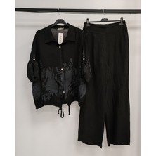 Della Moor Kadın Siyah Italyan Çiçek Desenli Oversize Keten Alt Üst Takım 40 - 44 Beden