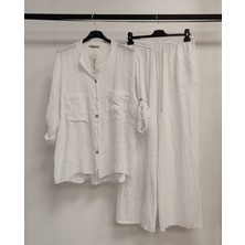 Della Moor White Kadın Italyan Hakim Yaka Gömlekli Düz Keten Takım