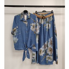 Della Moor Kadın Mavi Italyan Çiçek Desenli Etek - Gömlek Keten Takım