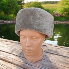 AbbasShop Hakiki Deri Yuvarlak Model Fes Gerçek Deri Kafkas Kalpağı Bere Şapka Krem Renkli