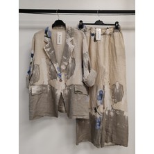 Della Moor Beige Kadın Italyan Çiçek Desenli Ceketli Keten Takım