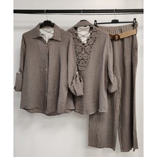 Della Moor Fango Kadın Italyan Sırtı Dantelli Keten Takım Pantolon ve Gömlekli