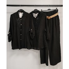 Della Moor Black Kadın Italyan Sırtı Dantelli Keten Takım Pantolon ve Gömlekli
