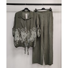 Della Moor Kadın Haki Italyan Çiçek Desenli Oversize Keten Alt Üst Takım 40 - 44 Beden