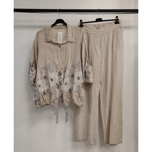 Della Moor Kadın Bej Italyan Çiçek Desenli Oversize Keten Alt Üst Takım 40 - 44 Beden