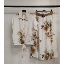 Della Moor Kadın Beyaz Italyan Çiçek Desenli Etek - Gömlek Keten Takım