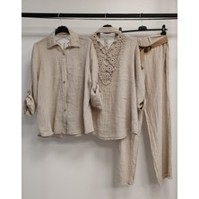 Della Moor Beige Kadın Italyan Sırtı Dantelli Keten Takım Pantolon ve Gömlekli