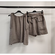 Della Moor Kadın Vizon Italyan Sıfır Kol Şortlu Keten Takım