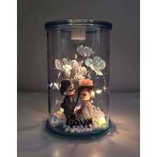 Skygo Cam Fanus Işıklı Ledli Sevimli Hediyelik Gelin Damat Kırmızı Gül 16 cm