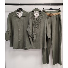 Della Moor Millitary Kadın Italyan Sırtı Dantelli Keten Takım Pantolon ve Gömlekli