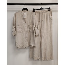 Della Moor Kadın Bej Italyan Hakim Yaka Gömlekli Düz Keten Takım