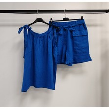 Della Moor Kadın Saks Mavi Italyan Sıfır Kol Şortlu Keten Takım