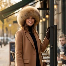 AbbasShop Hakiki Deri Gerçek Kürklü Ushanka Şapka Erkek Kadın Şapka Bere Kahverengi