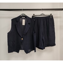 Della Moor Navy Kadın Italyan Şort&ceketli Keten Takım