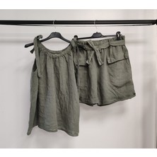 Della Moor Kadın Haki Italyan Sıfır Kol Şortlu Keten Takım