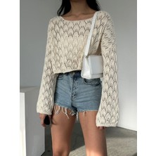 Giyimodam Ajurlu Crop Triko Kazak Krem Oversıze