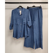 Della Moor Kadın Mavi Italyan Hakim Yaka Gömlekli Düz Keten Takım