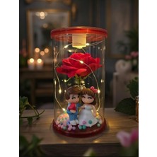 Skygo Cam Fanus Işıklı Ledli Sevimli Hediyelik Gelin Damat Kırmızı Gül 16 cm