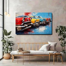 Renkli Klasik Arabalar Kanvas Tablo – Retro Ruh ve Modern Sanat Bir Arada
