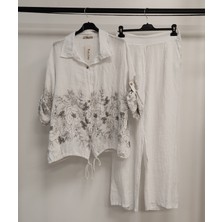 Della Moor Kadın Beyaz Italyan Çiçek Desenli Oversize Keten Alt Üst Takım 40 - 44 Beden