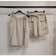 Della Moor Kadın Bej Italyan Sıfır Kol Şortlu Keten Takım