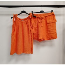 Della Moor Kadın Turuncu Italyan Sıfır Kol Şortlu Keten Takım