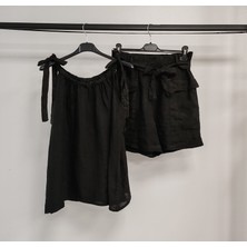 Della Moor Kadın Siyah Italyan Sıfır Kol Şortlu Keten Takım