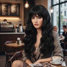 Esranın Dünyası Dalgalı Perçemli Uzun Fiber Sentetik Peruk - Koyu Kestane RSPM34-ESRDNS